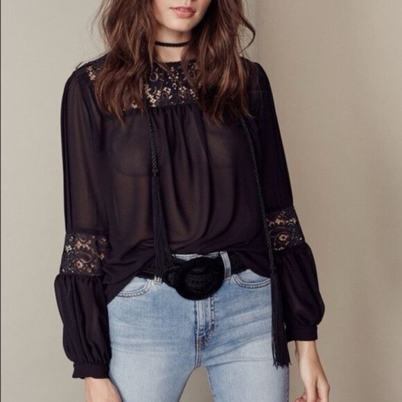 FREE PEOPLE For Love & Lemons Sacramento Blouse Black Sheer Lace Long Sleeves S - Picture 4 of 16